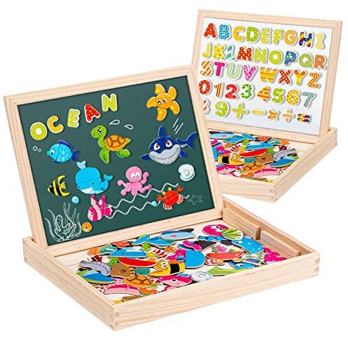 Uping Holzpuzzle mit Doppelseitige Magnettafel, Staffelei Kinder,130 Stücke magnetische Meerestiere und magnetische Alphabet-Puzzleteile,Magnetische Holzspielzeug, Kreativ Lernspielzeug für Kinder