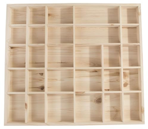 WooDeeDoo Wooden Trinket Display Shelf with 28 Compartments – Wall Mounted Shadow Box for Collectables or Crafts – Unfinished Pine Storage Cabinet with Natural Back – 45 x 40 x 3.5 cm