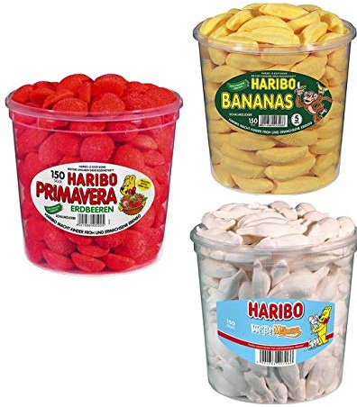 Haribo Set bestehend aus 1x Primavera Runddose 1x Weiße Mäuse Runddose und 1x Bananas Runddose, je 1050g