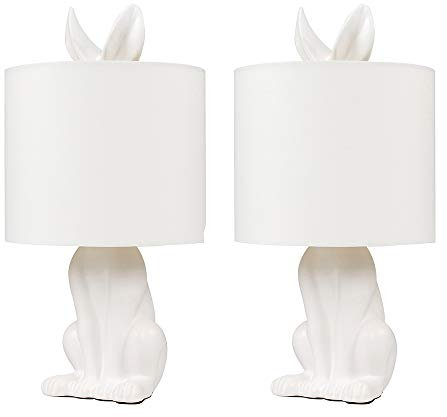 MiniSun | Modern White Ceramic Rabbit/Hare Table Lamps with White Shades | Home Décor, Bedside & Desk Lamp | Set of 2