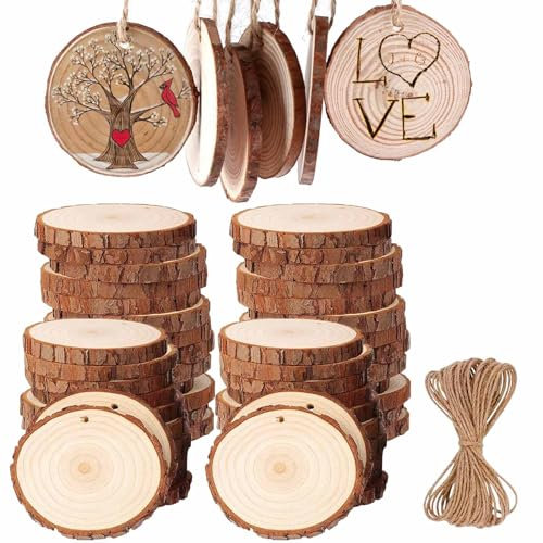 50PCS Dischi Legno Grezzo, BetterJonny Legno da Decorare Diametro Fette di Legno con Fori e Spago e Non Rifinite con Corteccia per Natale Segnaposto Pirografo Intagliare, 5-6cm