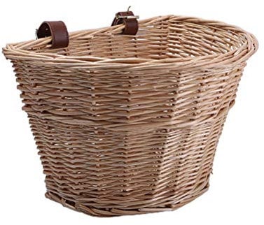Fahrradkorb Vintage Wicker für Hunde Vorne 8kg,Tragbare D Förmige Gemüsekorb für Mountainbikes Front Fahrrad Korb mit Lederriemen (36x26x22cm)