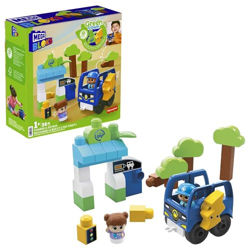 MEGA HDX90 - Bloks Grüne Stadt - Laden & Los Bus-Baukasten, 36 große Bausteine und Spezialteile mit 2 baubaren Figuren, 1 rollender Bus und 3 Bäumen, Spielzeug-Geschenkset für Kinder ab 1 Jahr