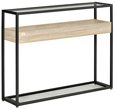 HOMCOM Table Console Table d'appoint Table d'entrée en Verre trempé avec étagère en Bois chêne Clair Plateau en Grille métal Noir