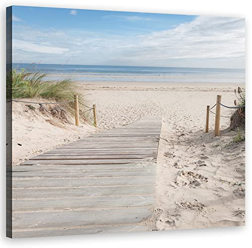 Feeby Leinwandbild XXL Ostsee Nordsee Steg am Strand 80x80 cm Wandbild Kunst Sand Wolken Himmel Beige