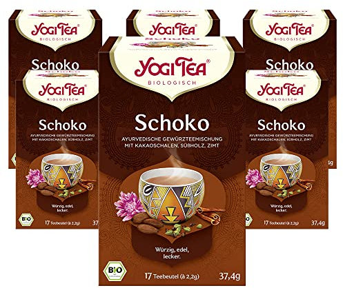 Yogi Tea - Schoko, Ayurvedischer Bio Gewürztee Schokoladengeschmack, Mischung aus Kakao, Lakritz und Zimt, Yogi Tee 6er Pack, 6x17 Beutel (102 Teebeutel insgesamt), Ideal als Geschenk