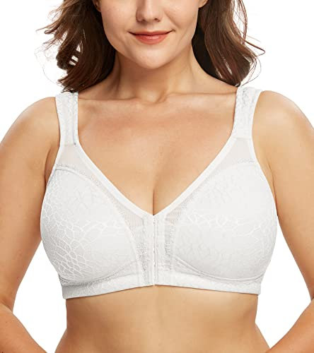 DotVol Women's Full Figure Front Closure Wirefree Jacquard Back Support Posture Bra(White,42F)