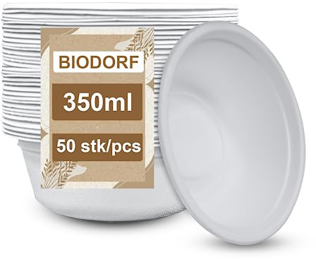 BIODORF Umweltfreundliche Suppenschalen aus Zuckerrohr|50 Stück (350ml)|Plastikfrei|Biologisch abbaubar|Einweg Schüssel