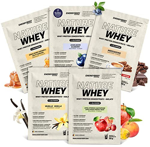 Energybody® Nature Whey Protein Pulver Probierpaket - 5x30g - Zucker- und fettarmes Molkenproteinpulver ohne künstliche Verdickungsmittel/Proteinpulver Probierpackung/Eiweißpulver Probierset