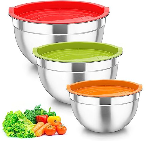 Joyfair Mixing Bowl Set of 3, Stainless Steel Nesting Mixing Salad Bowls with Airtight Lids for Baking/Prepping/Serving/Whipping, Heavy Duty & Dishwasher Safe, 4.6/2.8/1.6QT - Multicolor