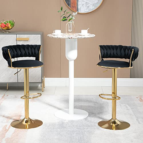 HAINEW Barhocker 2er Set Samt Barstuhl Höhenverstellbar 360° Drehbar Hocker Mit Handgeflochtener Rückenlehne Und Runder Goldener Fuß Fußstütze Kücheninsel Beistellstuhl (Schwarz)