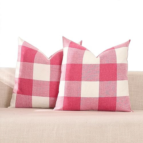 CARRIE HOME Rosa Büffelkarierte Couch-Kissenbezüge, 45,7 x 45,7 cm, 2 Stück, Outdoor, Hot Pink, dekorative Bauernhaus-Kissenbezüge, kariert, Leinen, 45,7 x 45,7 cm, für Schlafzimmer, Couch, Terrasse