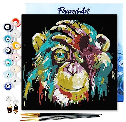 Figured'Art Mini Peinture par Numéro Adulte 20x20cm avec cadre Babouin Pop Art - Petit Format Kit de Loisir Créatif DIY Numéro d'Art Complet
