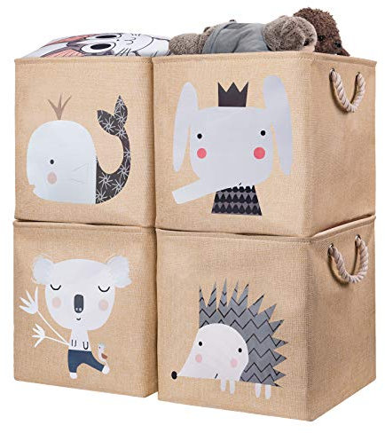 AXHOP Aufbewahrungsbox Kinder 4er Set 28x28x28 cm faltbare Aufbewahrungskorb kinder für Regal. Ideal für Kallax einsatz, Spielzeugkiste, Spielzeug, Bücher, Kinderzimmer.Beige Elefant
