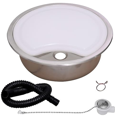 HWhongRV Fregadero para caravana con tabla de cortar, fregadero redondo de acero inoxidable de 14.4 pulgadas, juego de lavabo de mano pequeño para exteriores, caravana, cocina, remolque, cámper,