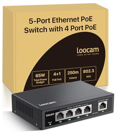 Loocam 5 Port PoE Switch, 4 PoE+ Port mit 1 Uplink Port, 10/100 Mbps Unverwaltet Ethernet Switch für 65W, IEEE802.3af/at, Metallgehäuse, Tisch-oder Wandmontage, Plug & Play