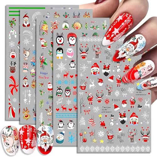 Nagelsticker Weihnachten, Stereoskopische Selbstklebende Nagelaufkleber, Nail Art Cartoon Sticker Selbstklebend Nagelaufkleber, Nageldesign Zubehör, DIY Maniküre Aufkleber für Weihnachten