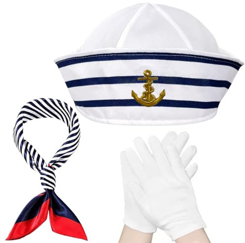 Seasboes Kapitän Matrosen Kostüm, Streifen Matrosenmütze und Schal-Set, Marine Outfit, Partyhut Marine Mütze Damen Männer Marine Hut, Verkleidungsparty für Damen und Herren Kostümzubehör (1 Packungen)