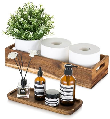 Hanobe Decorative Tray Wooden Bathroom: Set of 2 Wood Bathroom Storage Box with Vanity Display Tray Platter for Kitchen Counter