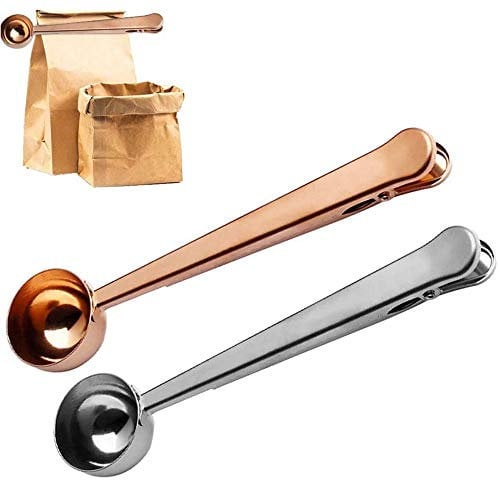 2 Pack Stainless Steel Coffee Scoop Clip Coffee Measuring Scoop Coffee Scoop Clip, and Bag Clip, Coffee Clip Spoon for Ground Coffee and Beans