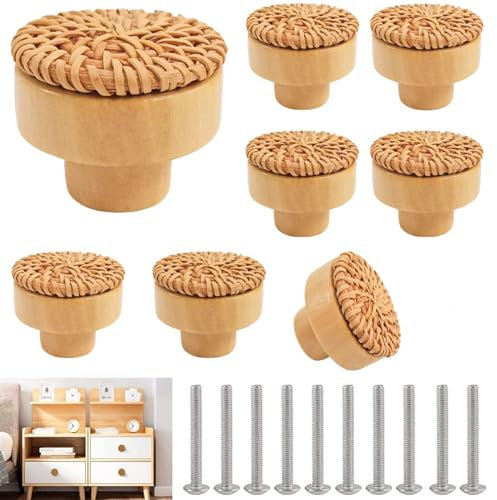 RUNEAY Möbelknöpfe Rattan 8 Stück, 40mm Schrankknöpfe Rattan Kommode Schubladenknöpfe, Möbelknöpfe Holz Boho Holzknöpfe Natur Schrankgriffe Holz Möbelgriffe, Knöpfe Schrank Holzgriffe für Schränke