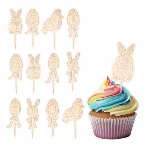 FOTOFOL Cupcake Stecker 12er Set aus Holz mit Aufklebern- Muffin Cupcake Topper- Geburtstag Feier Kuchenstecker (Ostern)