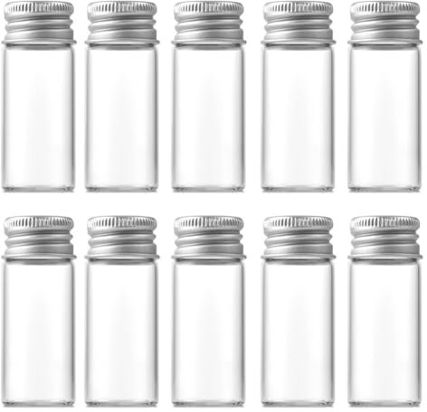 Upstore 12Pcs 10ml Clear Glass Bottles Jars With Screw Aluminum Cap Empty Glass Tiny Jars Small Containers Message Sample Bottle for Essential Oil Powders Art Craft Decor Wedding Favors