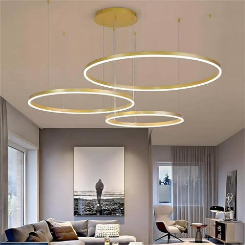 WayLuoung Metall LED Kronleuchter | 3 Kreise 60+80+100cm | 108W Rings Deckenhängelampe, Dimmbare Fernbedienung 3000–6000K, Acryl Schirm Pendelleuchte, Wohnzimmer Schlafzimmer Foyer Esszimmer【Gold】