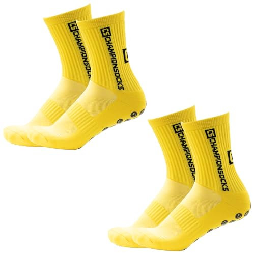 LAUMOE 2 Paare Grip Socken Fussball, Fußball Socken, Football Socks, Socken Fussball Fußballsocken 39-46 Rutschfeste Sportsocken für Fussball Basketball Laufen (Gelb)