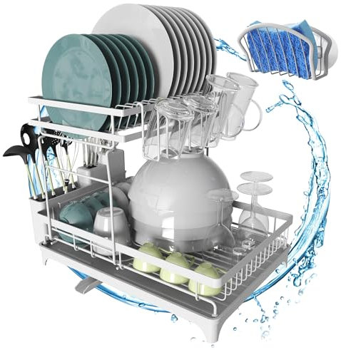 GARRTHINGS Escurreplatos sobre Fregadero Desmontable Dos Niveles Acero. Escurridor de Platos para Fregadero Gran Capacidad y Drenaje Automático. Escurridor Platos. Soporte Estropajo Fregadero (blanco)