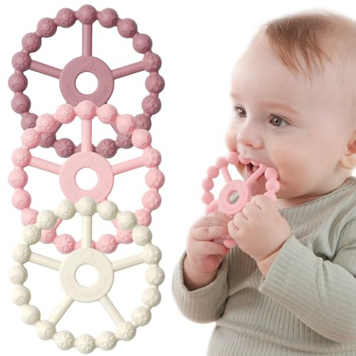3 Pack Ring Teether, Silicone Teething Ring Toys for Babies 0-6 months, Seposeve Baby Teethers 6-12 months 12-24 months, Easy to Grasp Toy for Baby Teething Relief, Purple Pink White