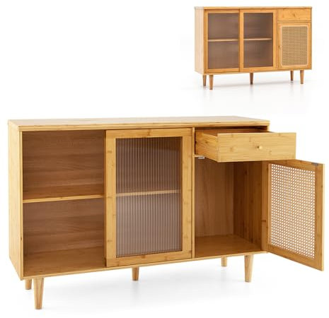 KOMFOTTEU Sideboard Buffetschrank Bambus & Rattan, Geschirrschrank mit Glas Schiebetür & Schublade, Küchenbuffet Anrichte, Küchenschrank Vitrinenschrank 120 x 35 x 83 cm, Natur