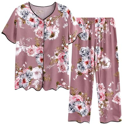 NSICBMNO Ensemble de pyjama pour femme, grande taille, chemises boutonnées, hauts floraux, taille élastique, pantalon capri, ensemble de détente deux pièces pour l'été, vêtements d'intérieur