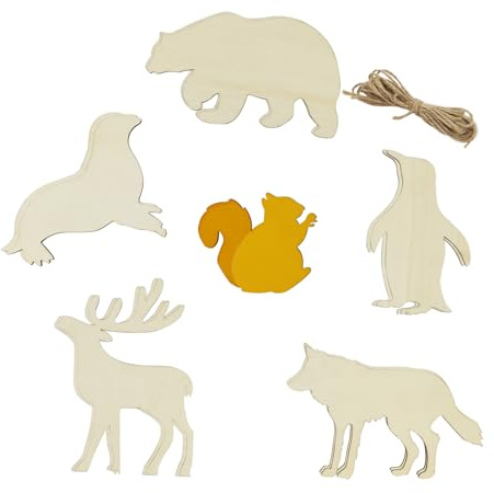 Xonzmmk 30 Stück unlackiertes Holz, arktische und antarktische Tierausschnitte: Seehund, Wolf, Hirsch, Bär, Pinguin, Eichhörnchen – Holzhandwerk für DIY Malerei & Dekorieren