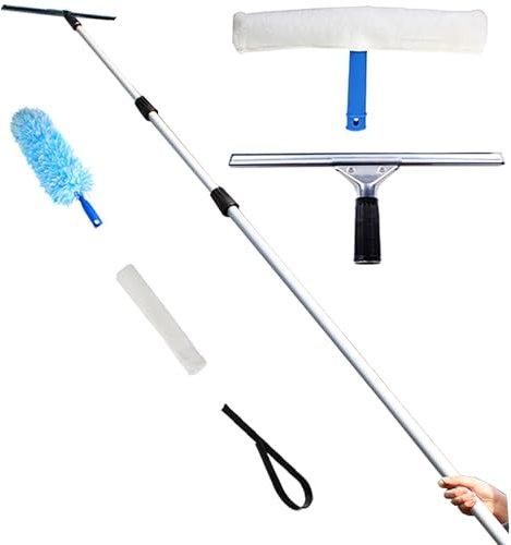 Fensterreinigungsstange 4 6 Meter 7 9 15 M Professioneller Fensterschrubber, 3 in 1 Waschset mit 2 Fensterabzieher & Waschmaschine/ 1 Ventilatorstaubwedel, Glasreinigungswerkzeuge für Innen/ Außen hoh