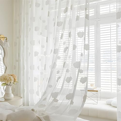 Odot Tende Semi Trasparenti per Interni, Jacquard Nuvole Bianco Tenda Voile con Tasca per Asta Tenda Filtranti Finestra 2 Pannelli Tende Camera da Letto Moderna per Soggiorno Cucina (132x213cm)