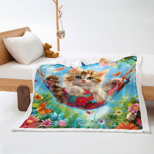 Plaid Chat Rose Orange Jeté de Canapé Flanelle et Laine Agneau Plaid Canape Conception Recto Verso Couverture Mou Plaid Polaire Soins Faciles Plaide Lavable Couverture Laine 130x150cm
