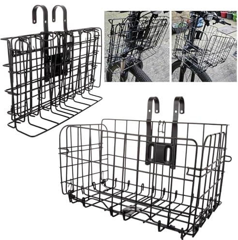 WOPPLXY Bike Basket Front, Folding Metal Bicycle Basket, Detachable Rear Hanging Bike Basket Front for Adult