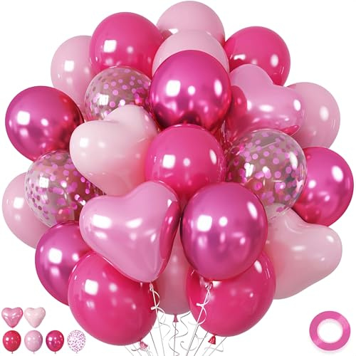 Pink Balloons, 12 Inch Metallic Hot Pink Chrome Magenta Heart Balloons, Baby Dark Magenta Confetti Balloon for Valentines Day Girls Happy Birthday Decorations Princess Party