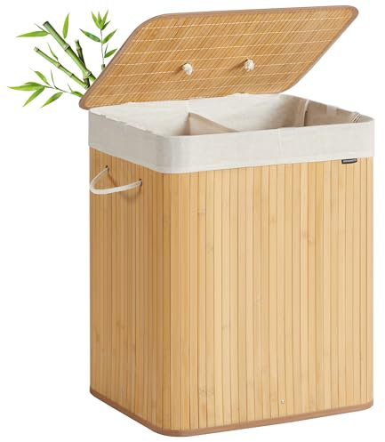 SONGMICS Wäschekorb mit Deckel, 2 Fächer, 120 Liter, Wäschesammler aus Bambus, faltbar, Wäschesack herausnehmbar und maschinenwaschbar, mit Griffen, für Waschküche, Schlafzimmer, naturfarben LCB014Y01