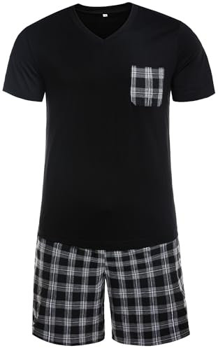 Winovia Pyjama Court pour Homme - 100% Coton - Manches Courtes - Ensemble avec Pantalon à Carreaux Marron foncé (Carreaux Larges) L