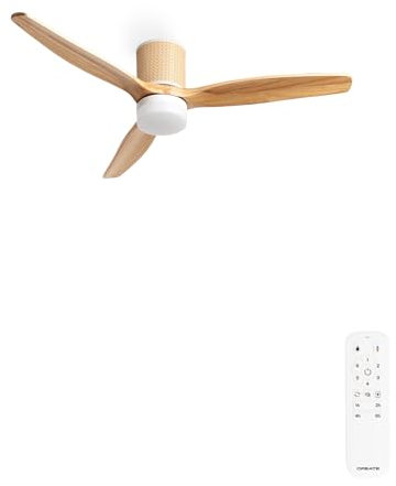 CREATE / WIND CALM RATTAN/Ventilador de techo con luz madera natural con mando / 40W, Silencioso, Ø132 cm, doble luz, 6 velocidades, luz LED 3 temperaturas, temporizador, función verano-invierno