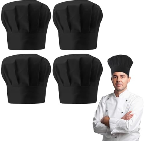 WEFHEF 4PCS Gorros de Chef, Gorros Cocinero con Banda Elástica, Sombrero de Cocinero Ajustable y Reutilizable, Gorro de Cocina Unisex para Hombre Mujer (FR/ES, Letras, Talla única, Estándar, Negro)