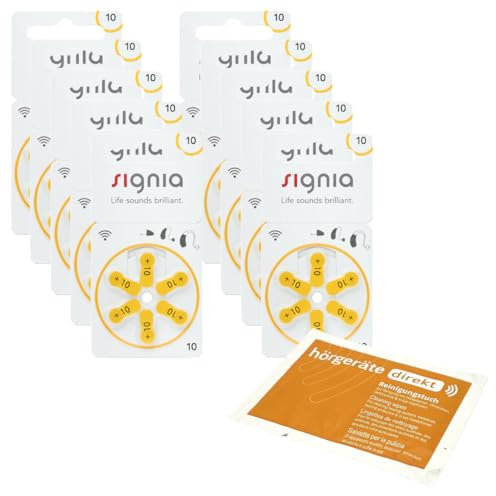 60x Signia - 10 gelb - Hörgerätebatterien - (10x 6er Blister) + DIREKT Reinigungstuch
