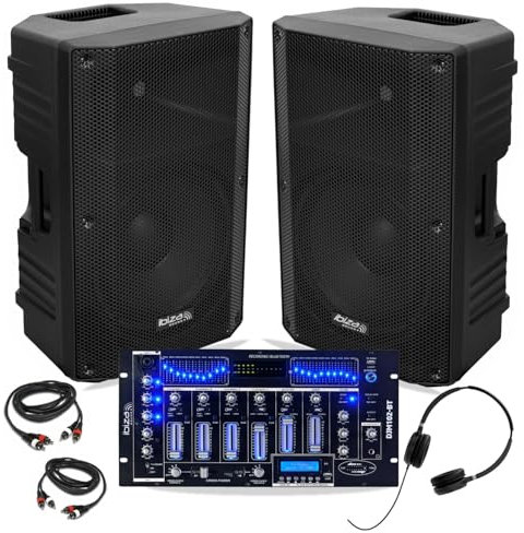 Ibiza - 2 x Ibiza XTK12A-MKII Lautsprecher 12 Zoll 500 W – Mischpult Bluetooth DJM102-BT USB – Kopfhörer – Kabel – DJ Abend Party Hochzeit