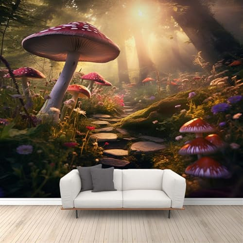 Sunshine Forest Wall Murals 3D Fairytale Forest Mural Wallpaper Magical Mushroom Mural Floral Jungle Landscape Wallpaper for Living Room 200 x 140 cm