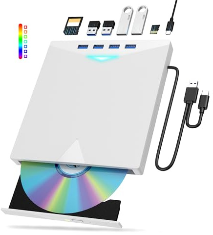 Xadioei Lecteur CD/DVD externe pour ordinateur portable, lecteur DVD portable 8 en 1 LED, lecteur CD-ROM DVD-R, graveur USB 3.0, lecteur de disque externe compatible avec ordinateur de bureau, Mac
