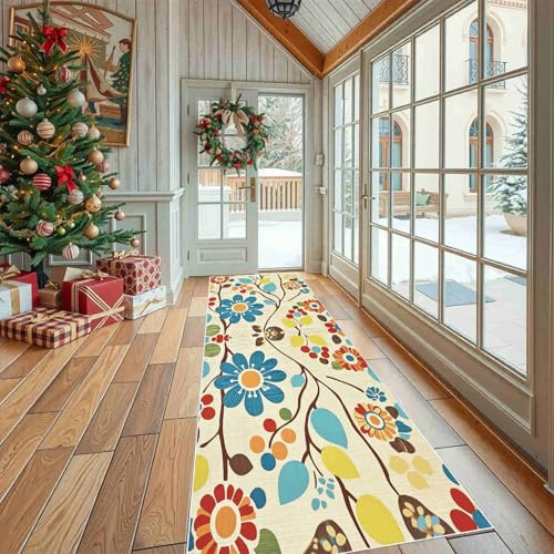 Dppyuxa Waschbarer Küchenläufer Retro Blume rutschfest Teppich für Küche | und Flur Boho Blätter Langer Flurteppich Bunt Beeren Küchenteppich Maschinenwaschbar 80x180 cm