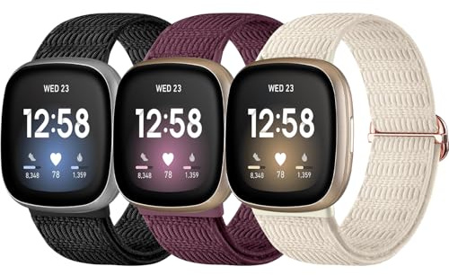 Hgsxst 3 Stück Stretch Nylon Armband Kompatibel mit Fitbit Versa 3 / Fitbit Versa 4 Armband/Fitbit Sense/Fitbit Sense 2 Armband,Weiches Elastisch Ersatz Nylon Sport Band für Damen/Herren