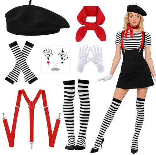 7 Stück Pantomime Kostüm Damen Herren Karneval Pantomime Französin Kostüm Zubehör Baskenmütze Handschuhen Hosenträgern mit Y-Rücken Schal Gesichtsaufklebern Sockenärmeln Cosplay Carnival Halloween
